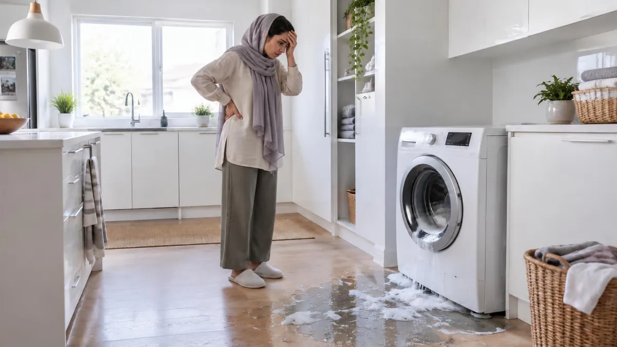 تصویر نمایشی خرابی و نشتی لباسشویی پیش از تعمیر